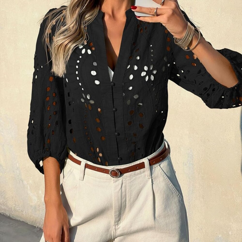 Womens Deep V Neck Eyelet Blouses Tops Dressy Casual 3/4 Balloon Sleeve Cotton B - Picture 4 of 8